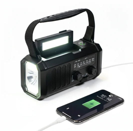Nødradio – 10 000 mAh innebygd powerbank, lommelykt og veivgenerator